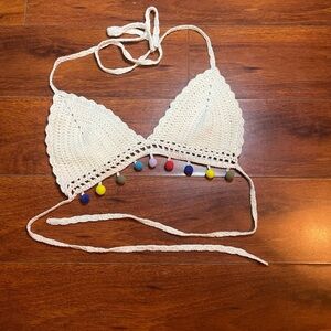 Crochet Bikini Top with Colorful Pom Poms | Size Medium